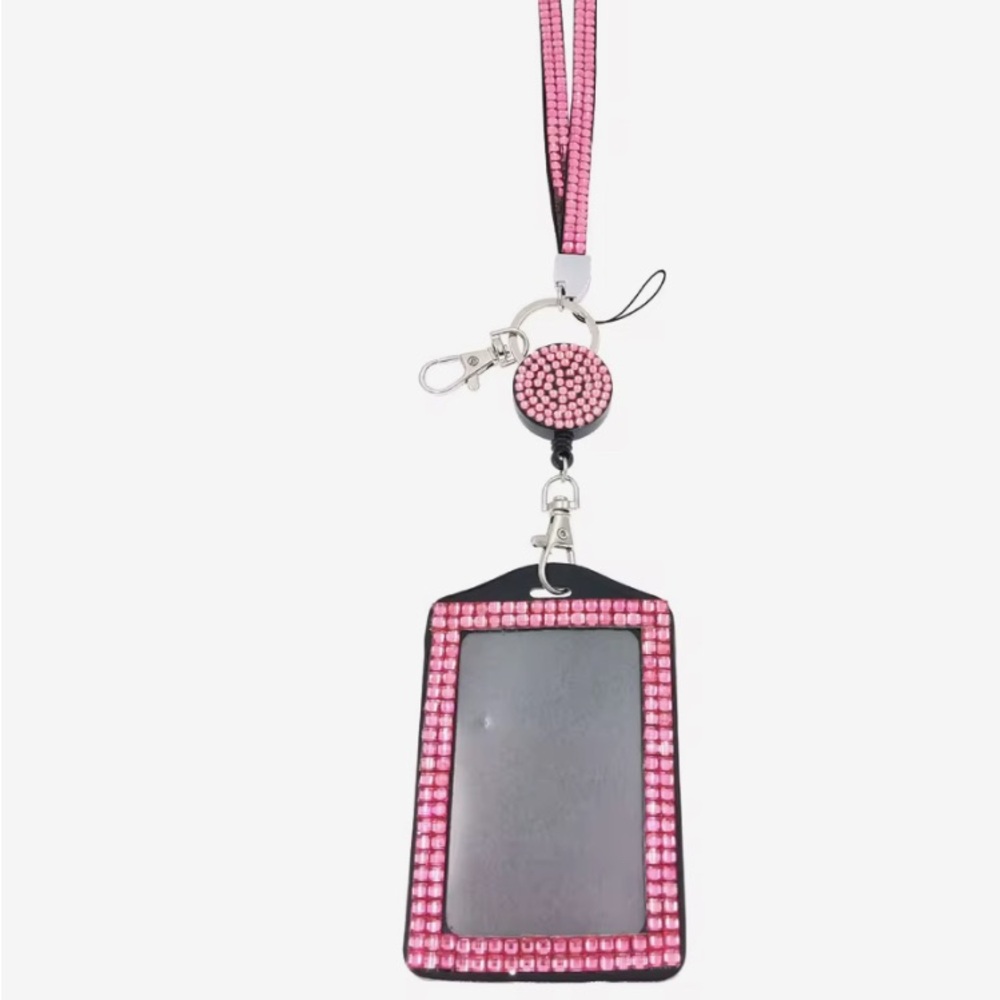 26A-Pink Rhinestone ID Badge Holder with Lanyard